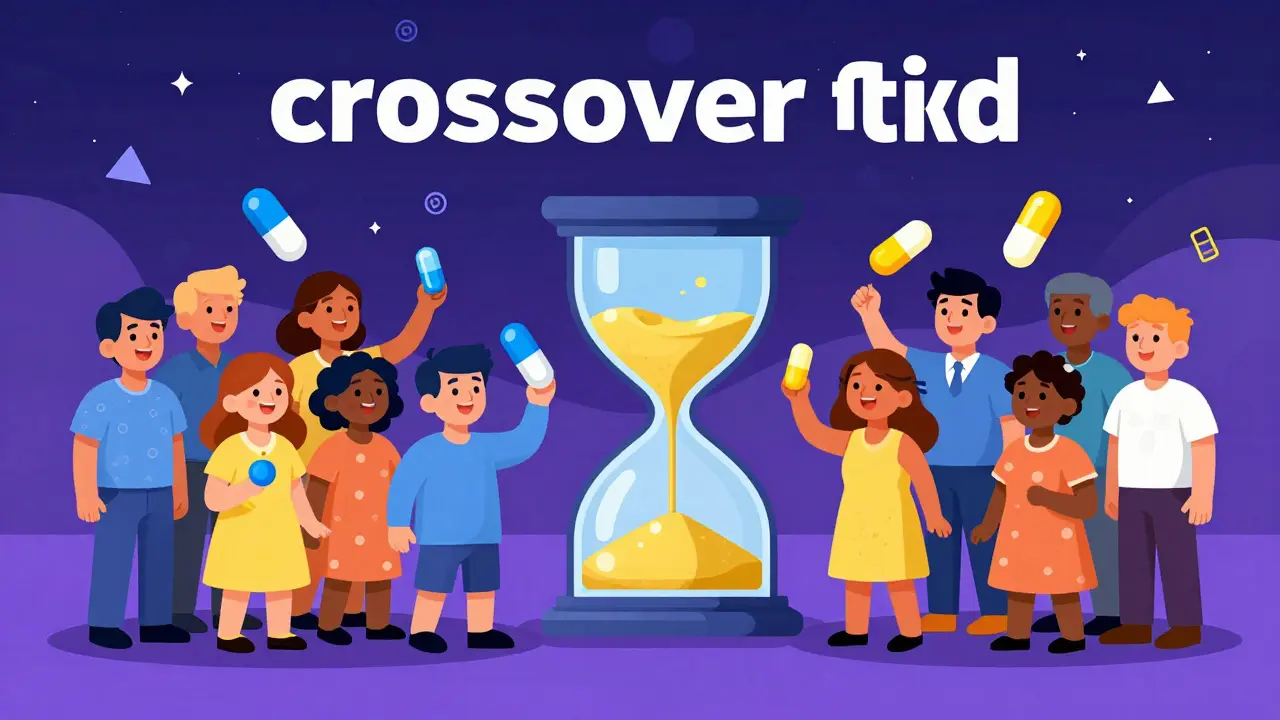 Illustration of volunteers in a crossover drug study with hourglass