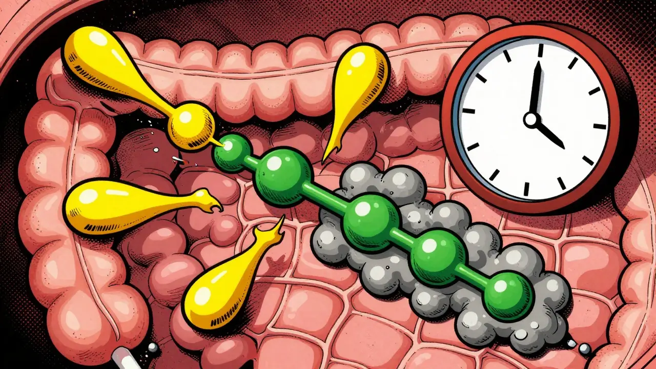 Magnesium ions blocking medicine absorption in a stylized gut.