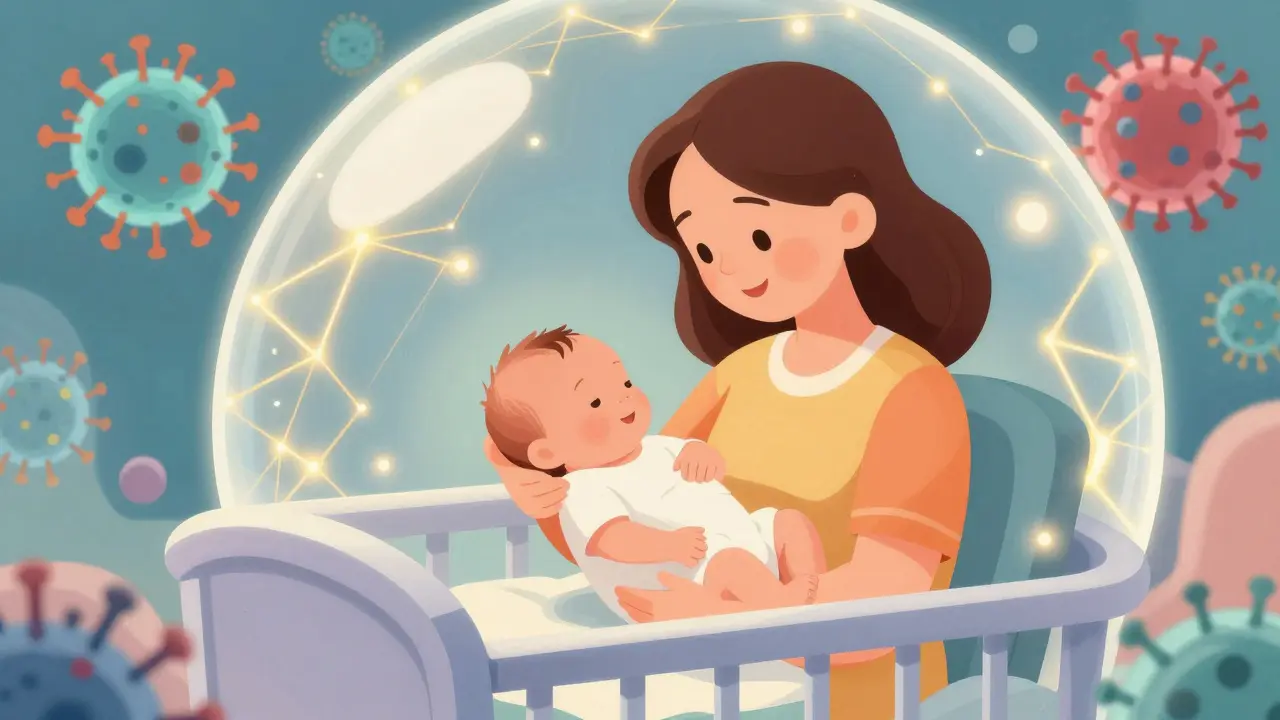 Mother and newborn surrounded by a protective golden immunity bubble in a retro-style nursery.
