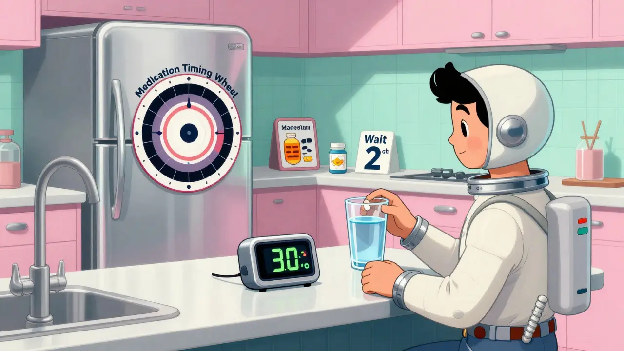 Person following a strict medication schedule with timers and pills.
