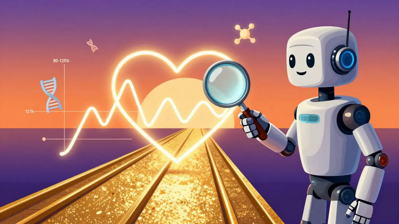 Robot analyzing a graph within golden rails in retro-futuristic style