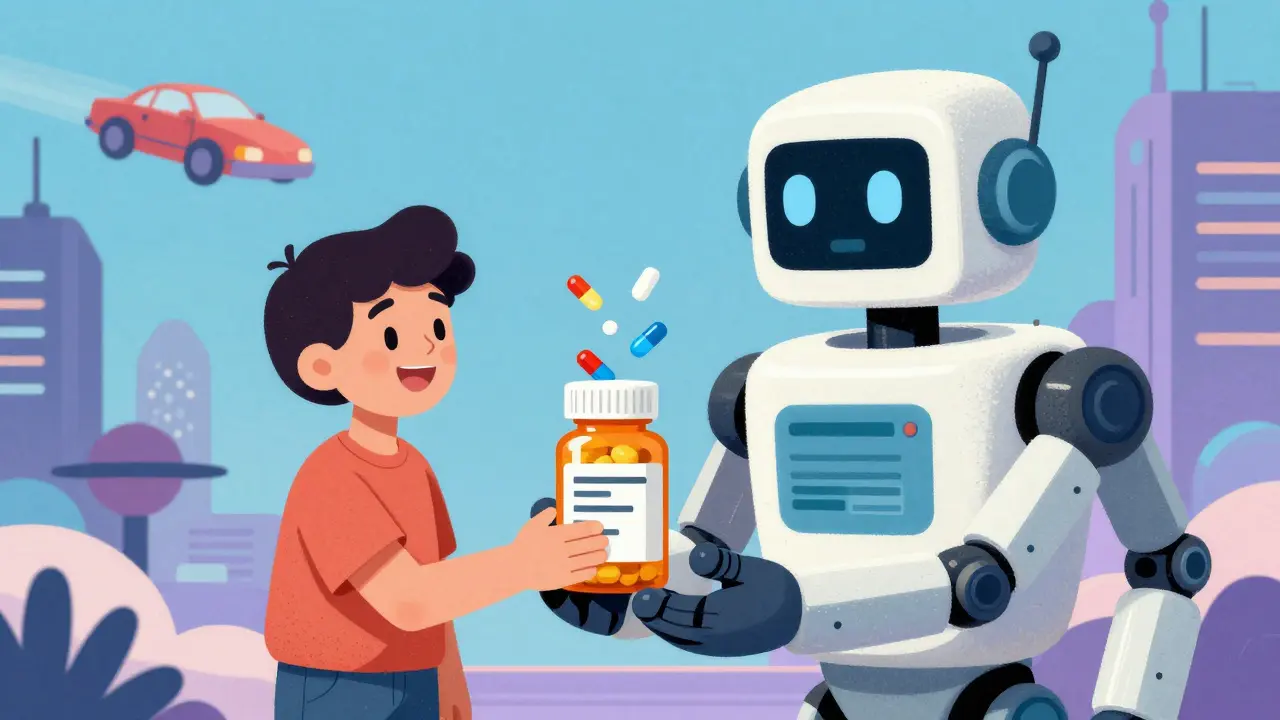 Robot handing pill bottles to person in vintage sci-fi cityscape