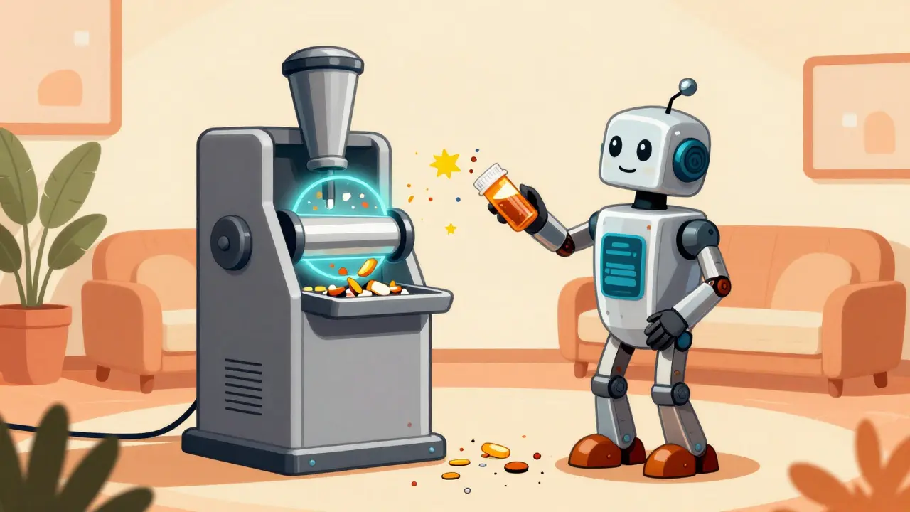 Robot shredding pill bottle into harmless confetti safely