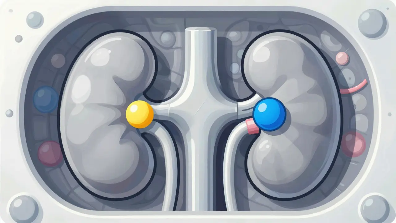 Stylized kidneys processing sodium and lithium ions