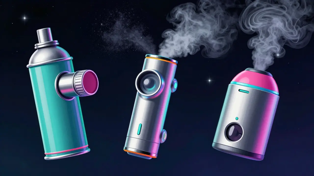 Three types of futuristic inhalers: MDI, DPI, and Soft Mist