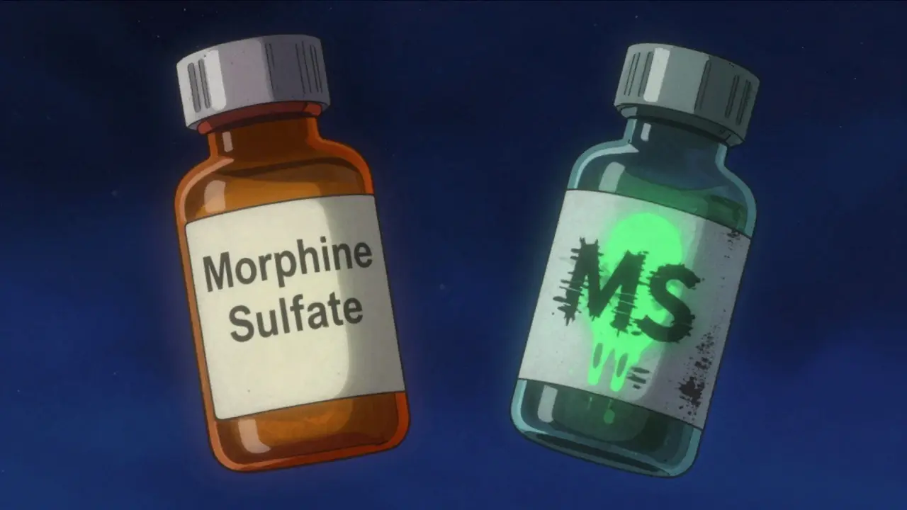 Two pill bottles comparing clear label vs ambiguous MS abbreviation in sci-fi style