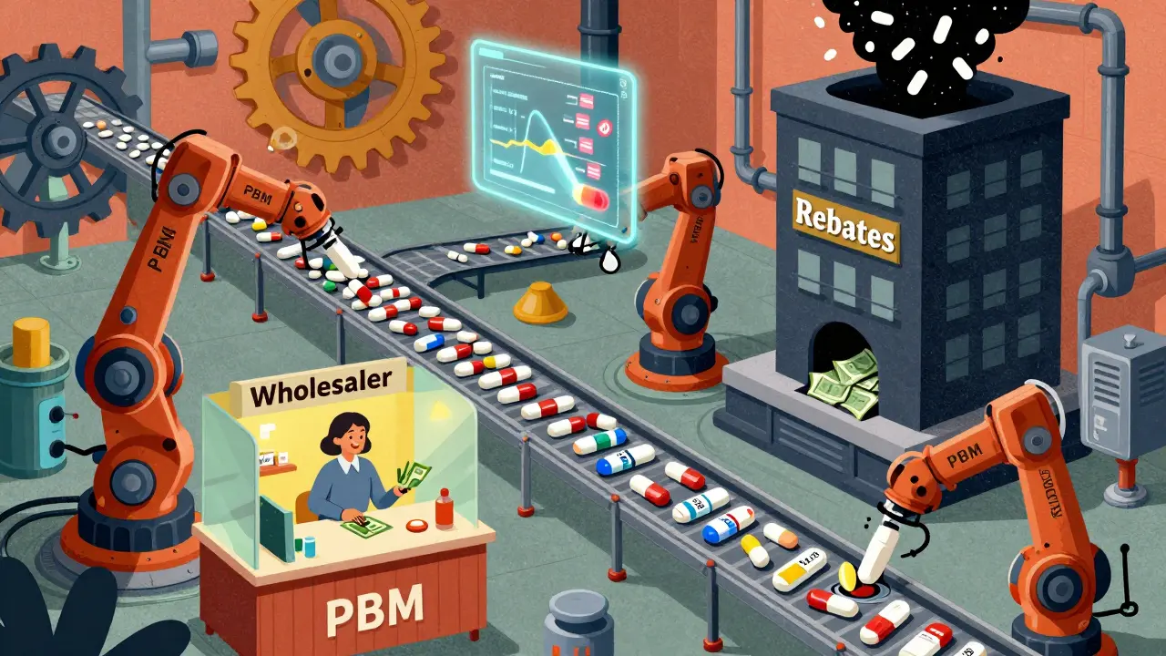 Cartoon robots moving pills through supply chain to pharmacy vs corporate tower