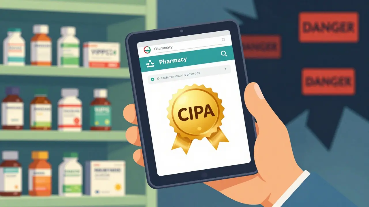 Character checking verified pharmacy seal on tablet device