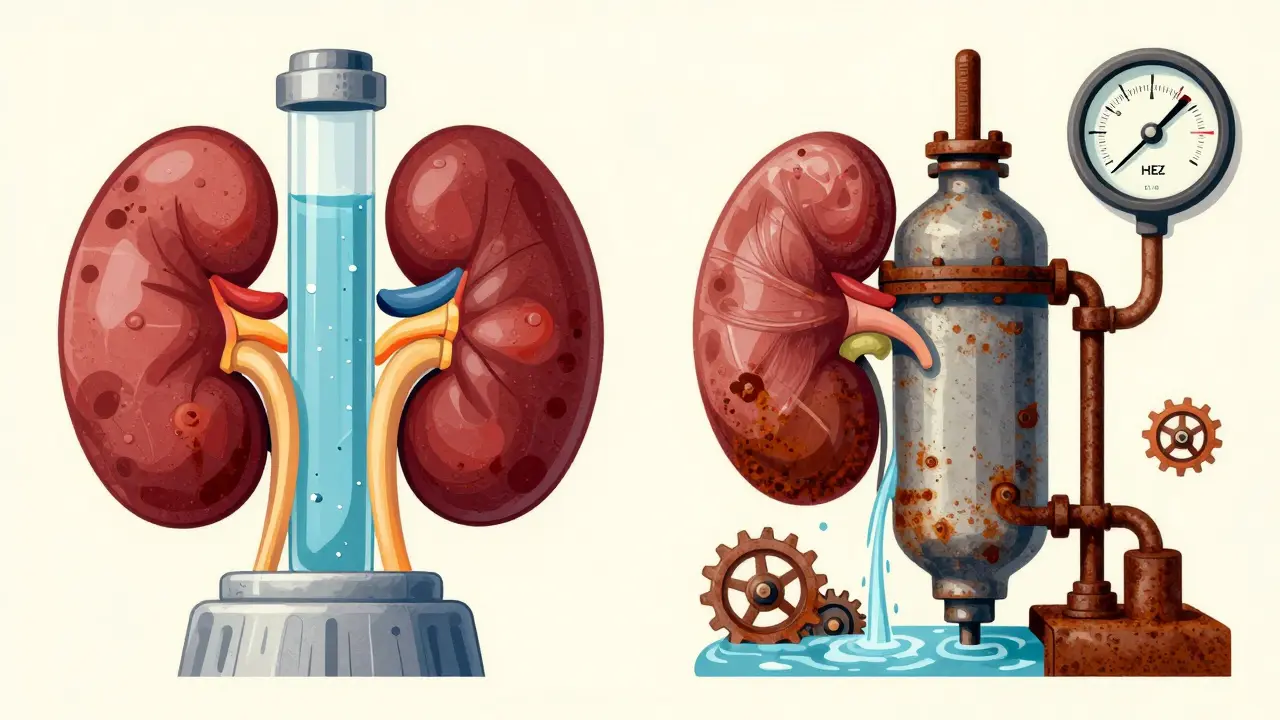 Comparison of efficient vs clogged kidney filtration systems in retro style