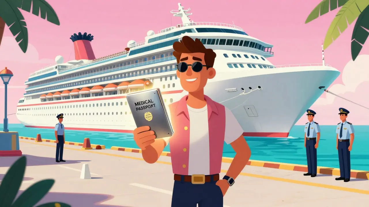 Cruise passenger showing medical passport at tropical port