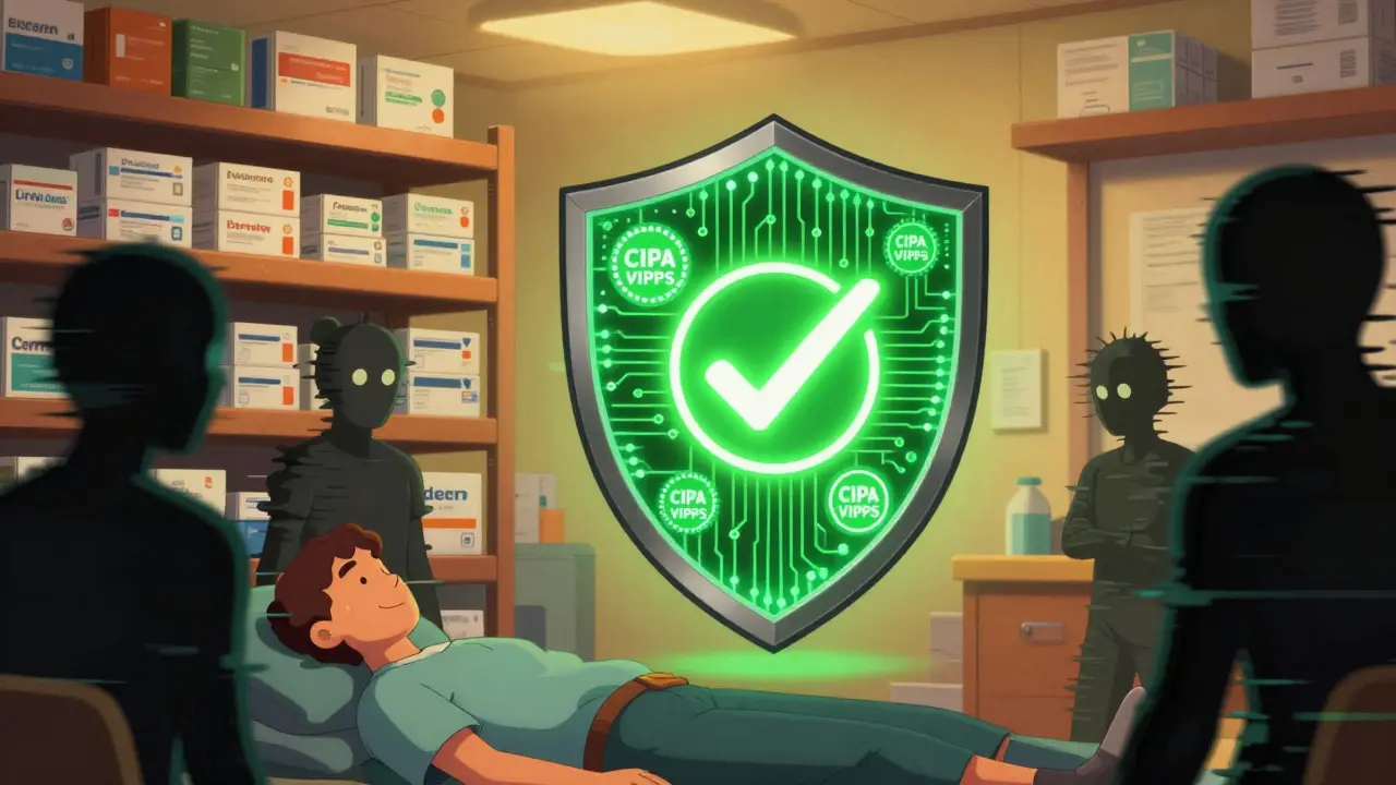 Digital shield protecting against fake drugs in retro-futuristic cartoon style