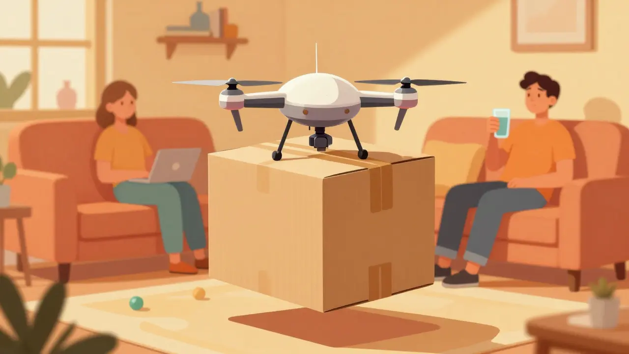 Discreet medicine package delivered by drone to cozy retro living room
