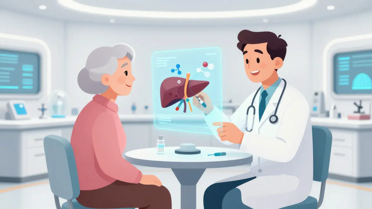 Doctor adjusting meds for senior using holographic organ models