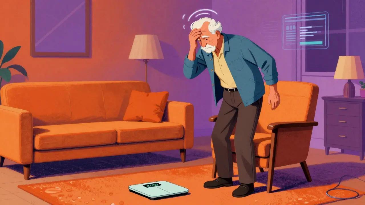 Elderly person experiencing dizziness and confusion from dehydration