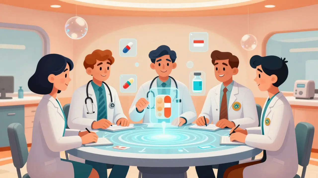 Healthcare team reviewing alternative medication options at a futuristic table