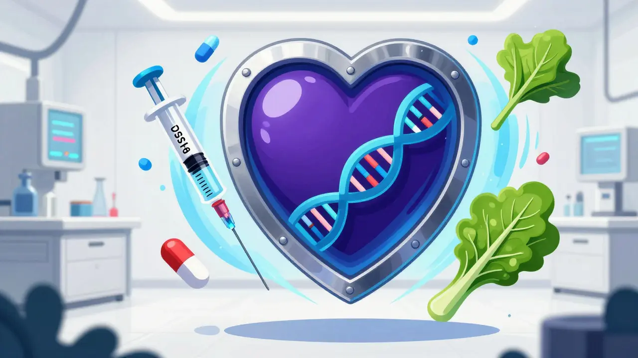 Heart protected by a futuristic shield made of injections, DNA, and healthy food.