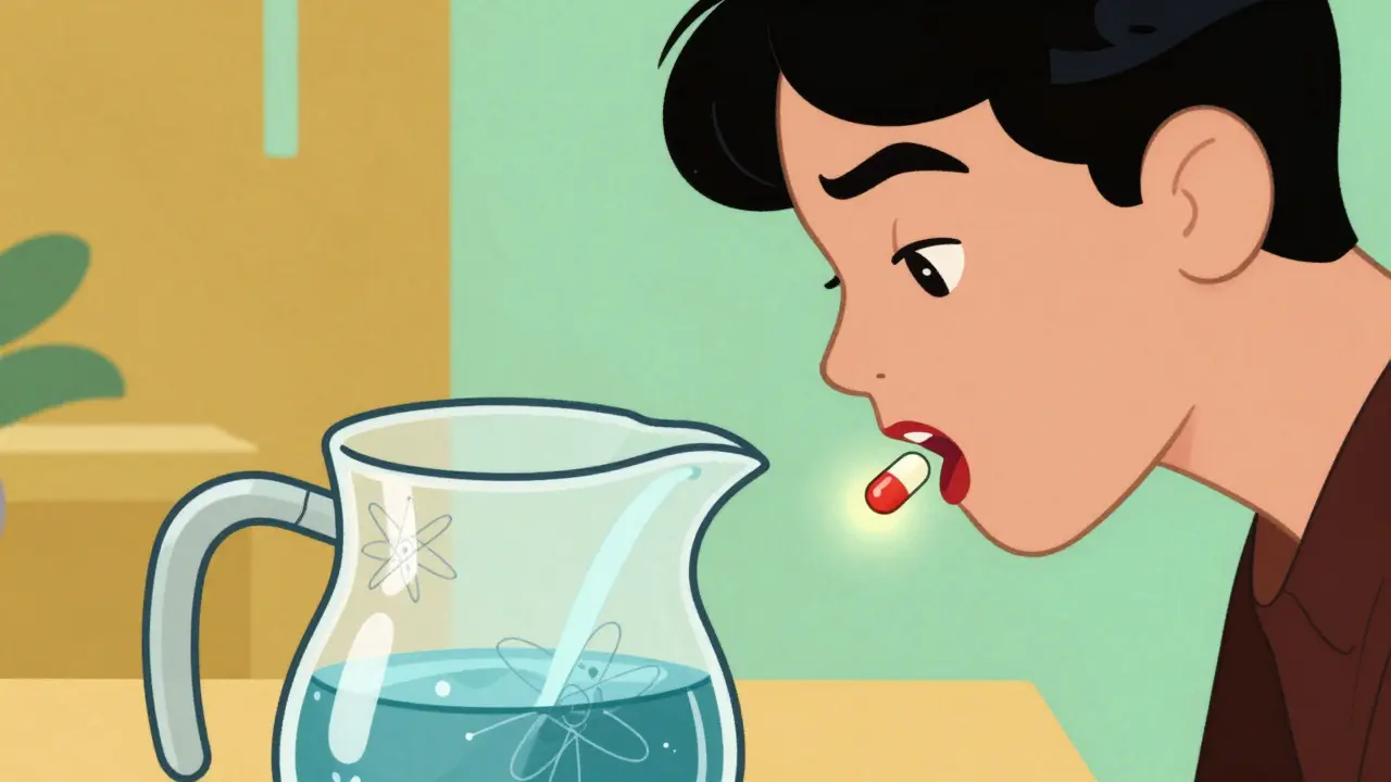 Illustration of leaning forward technique to swallow a capsule with water