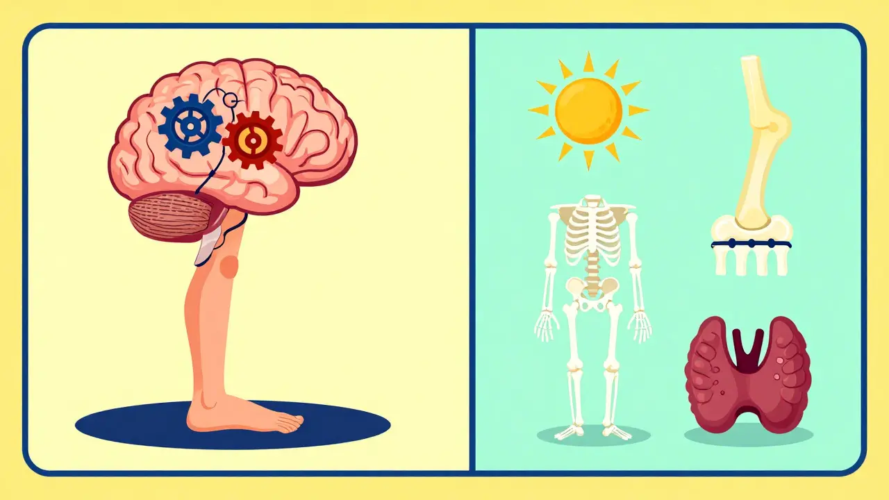 Illustration showing brain nocebo effect vs vitamin deficiency and arthritis as pain causes.