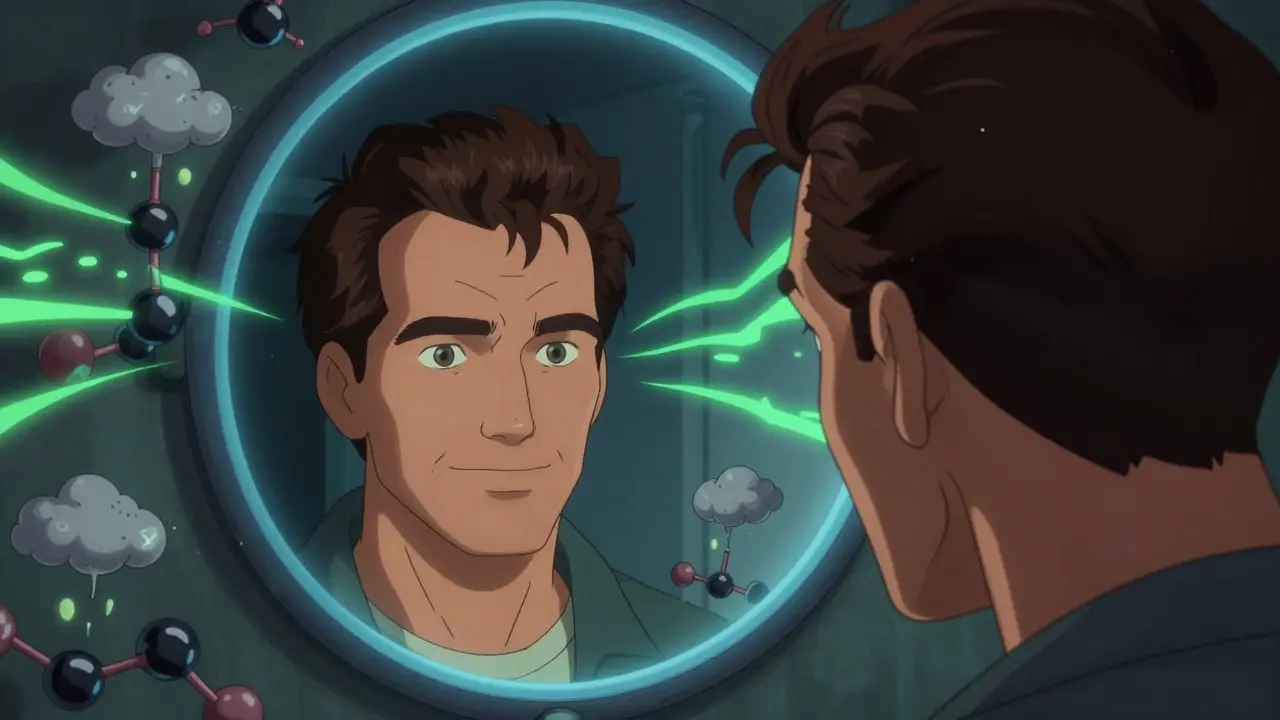Man seeing healthy hair reflection, molecules blocking DHT