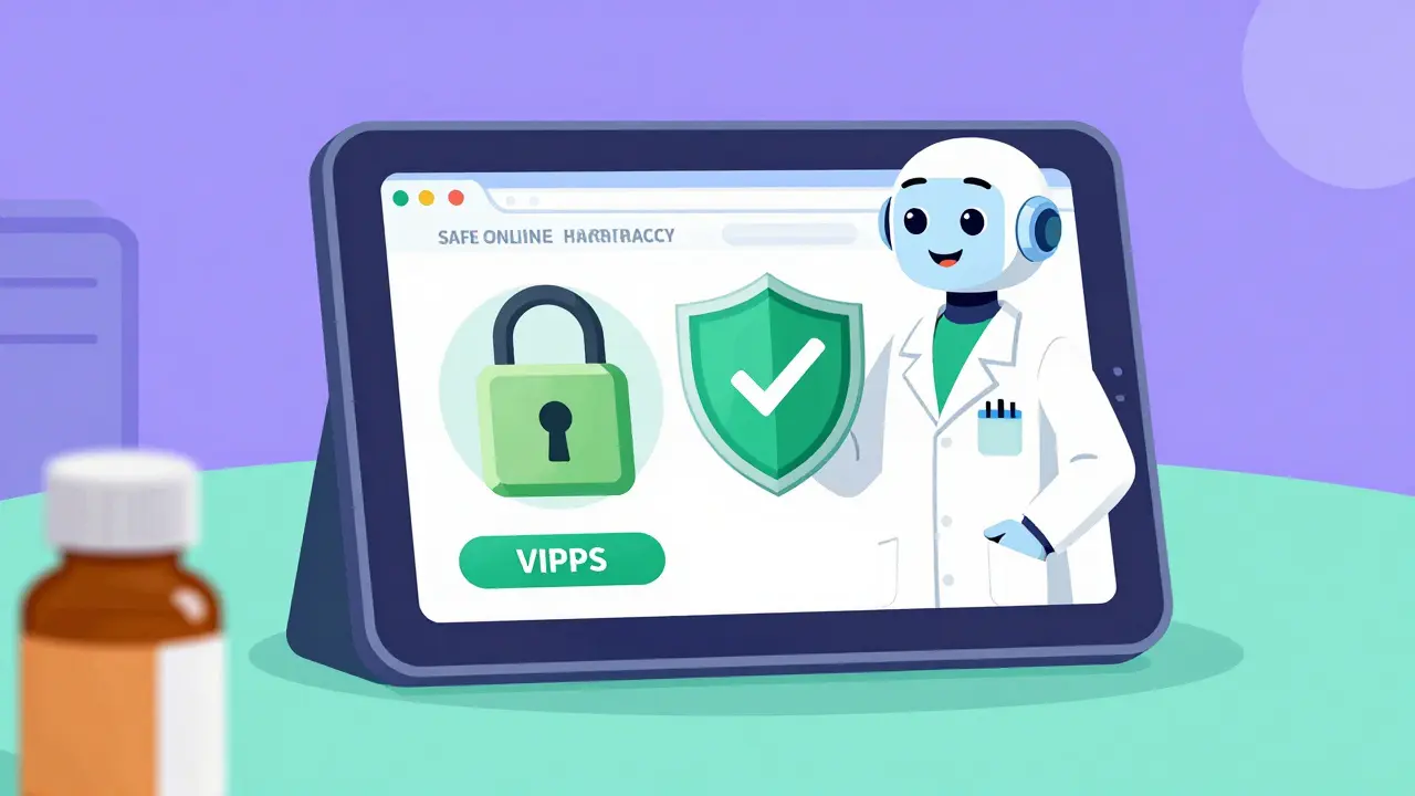 Robotic pharmacist verifying secure online pharmacy on vintage tablet