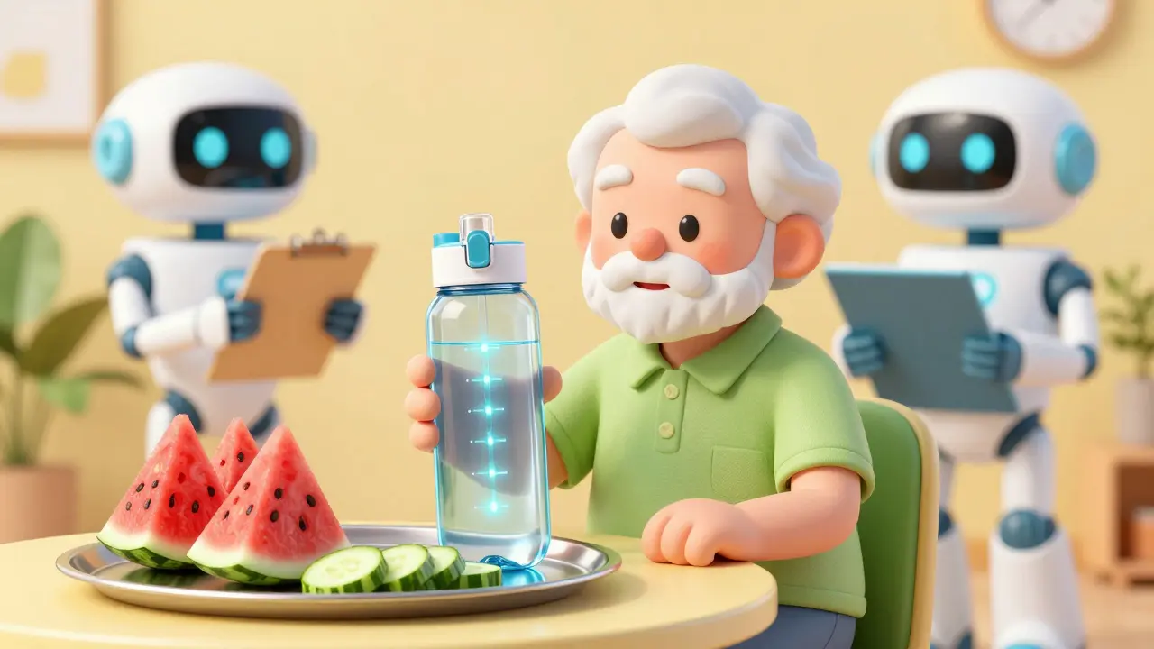 Senior using smart bottle and eating hydrating foods for health