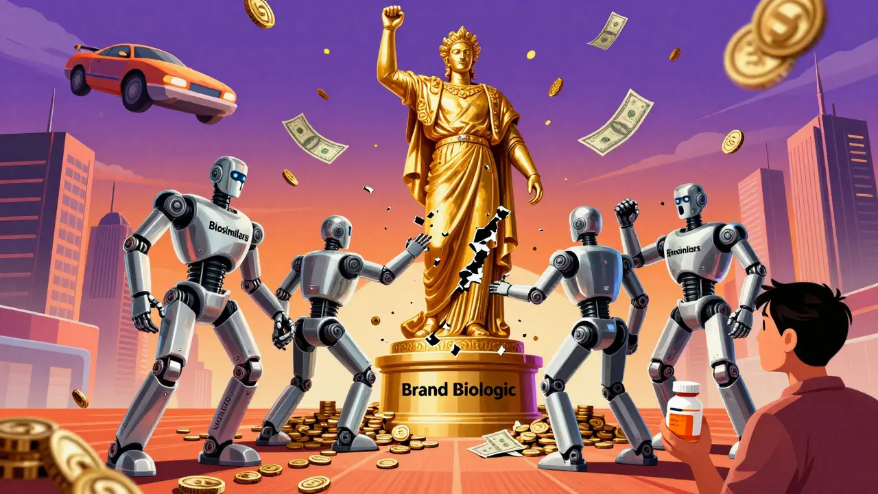 Silver biosimilar robots chipping away golden brand drug statue with falling coins