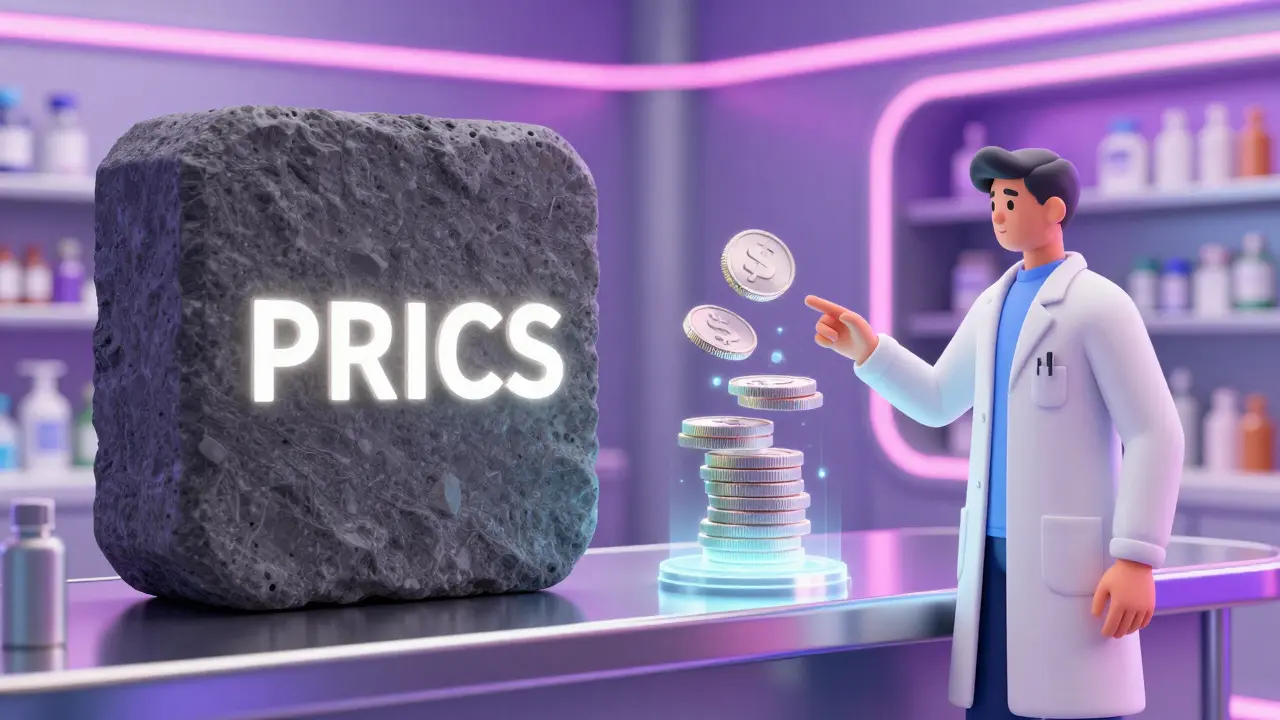 Visual comparison of expensive vs cheap medication costs in retro-futuristic illustration