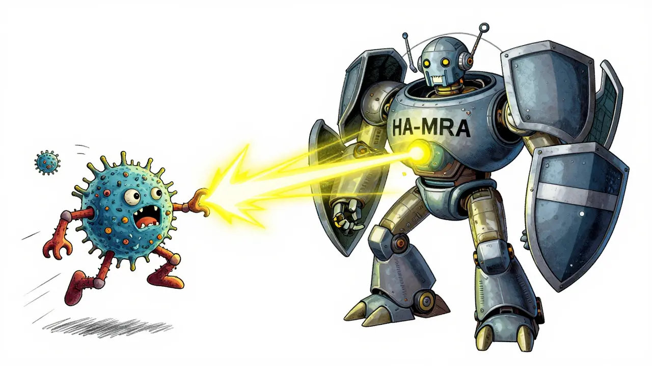 Cartoon battle between agile and armored bacteria robots