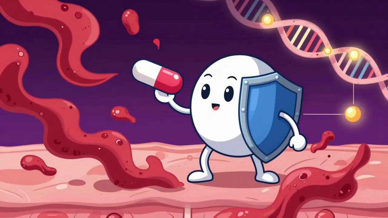 Cartoon depiction of an immune system attacking a medication, illustrating allergic reactions and genetic factors.