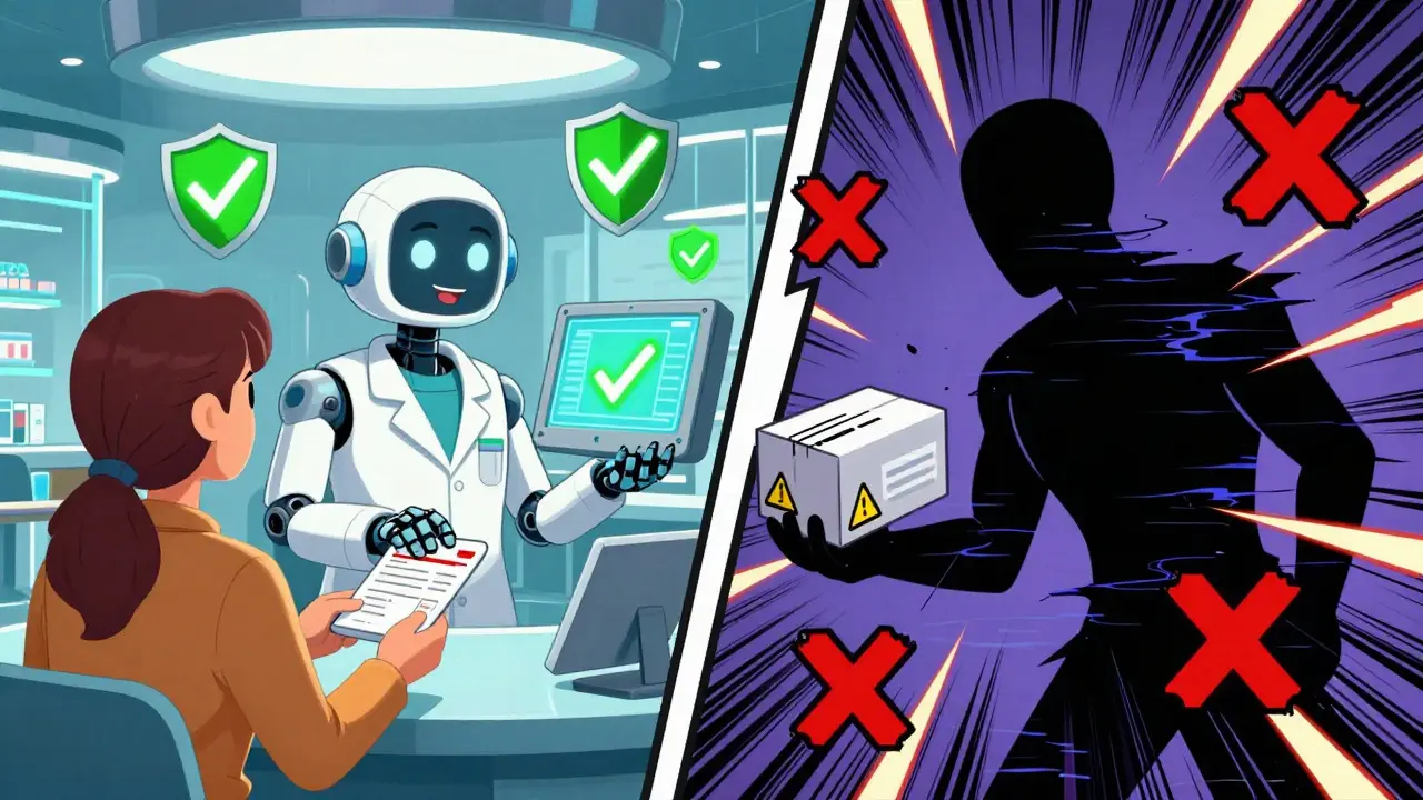 Cartoon graphic contrasting a safe, verified online pharmacist with a shady, counterfeit drug seller.