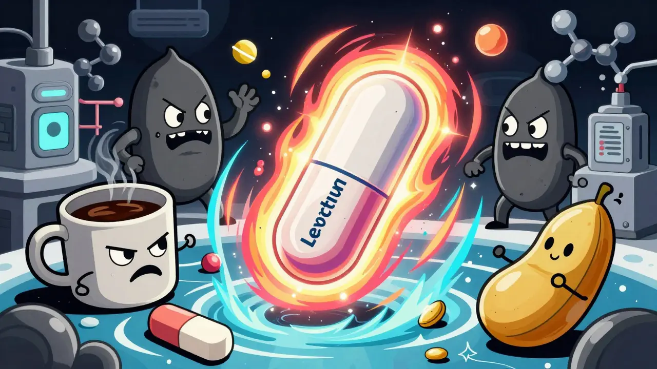Cartoon showing thyroid pill protected from coffee and calcium interference