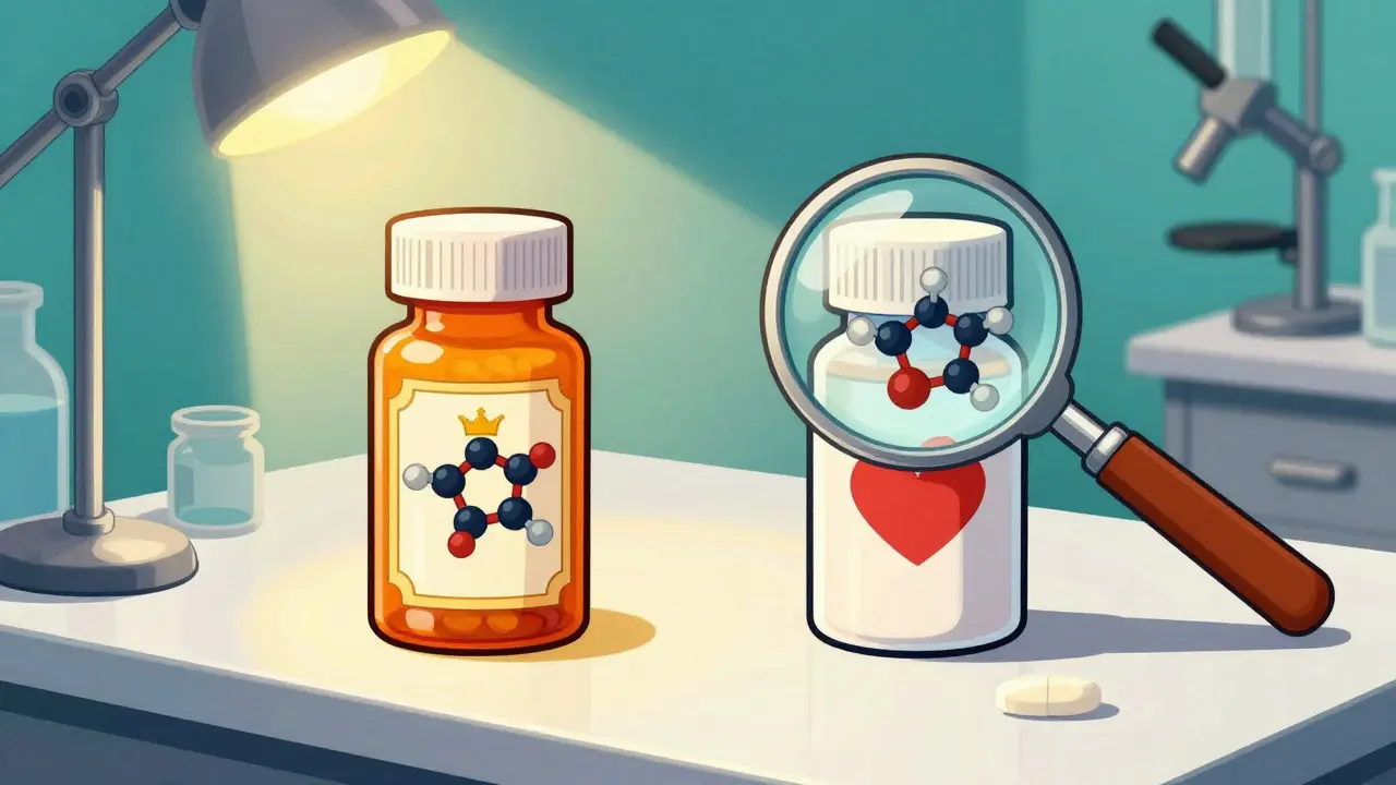Comparison of brand name vs generic pills showing same ingredients