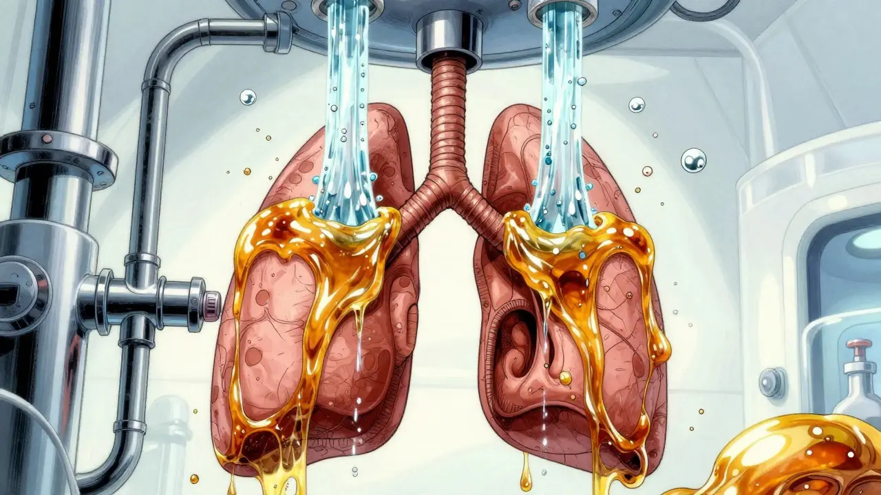 Futuristic lungs with mucus being thinned by water for expectorants