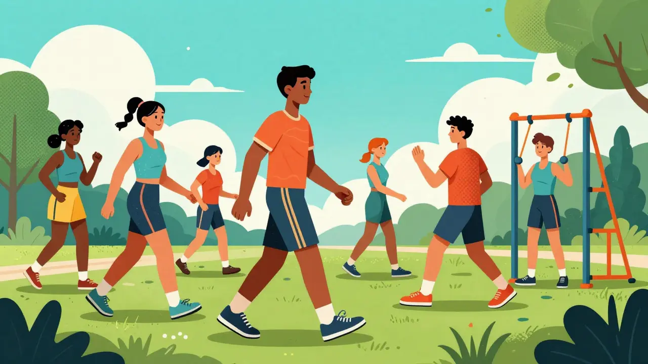 Group exercising outdoors in vibrant retro-futuristic park setting