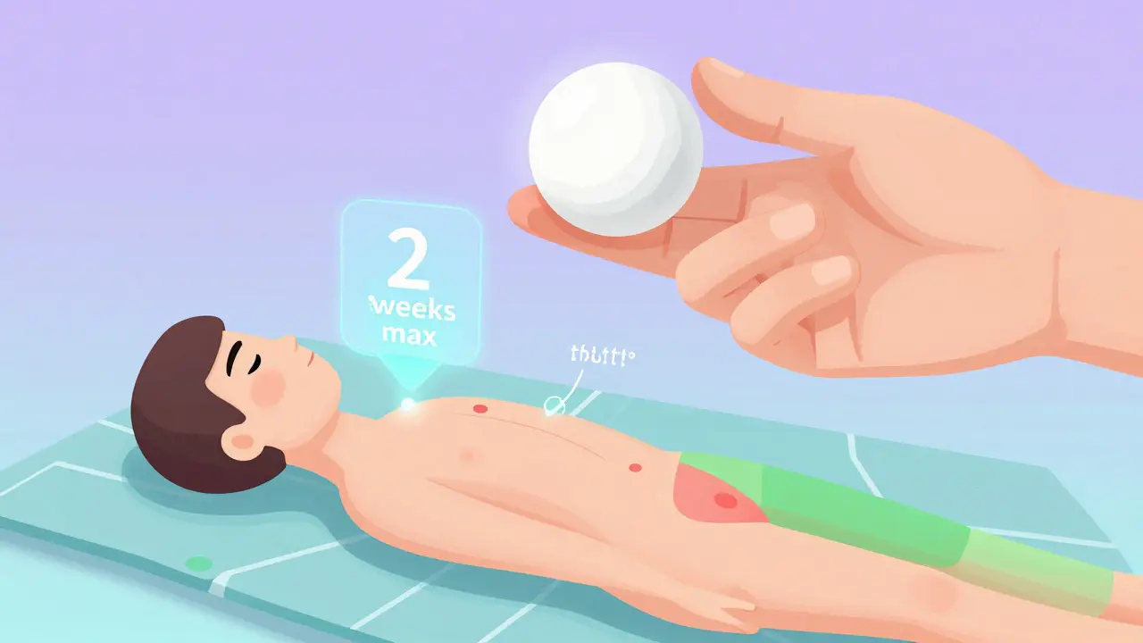 Illustration showing proper Betnovate application: a pea-sized dose and avoiding sensitive body areas.