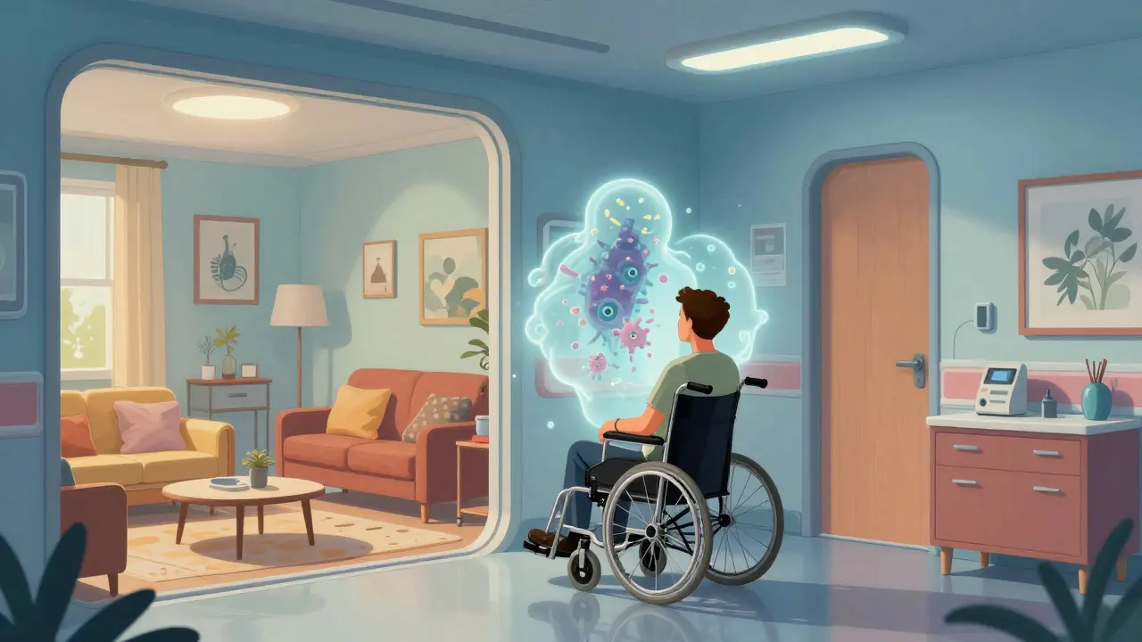 Patient leaving hospital carrying invisible bacteria cloud