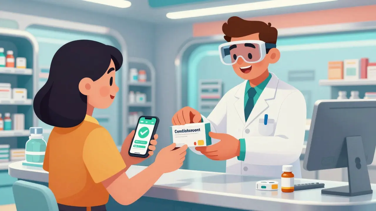 Patient picking up antibiotics at pharmacy with coupon app