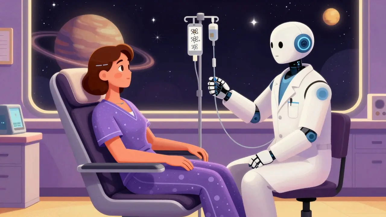 Patient receiving chemo from a robot doctor in a retro-futuristic hospital setting.