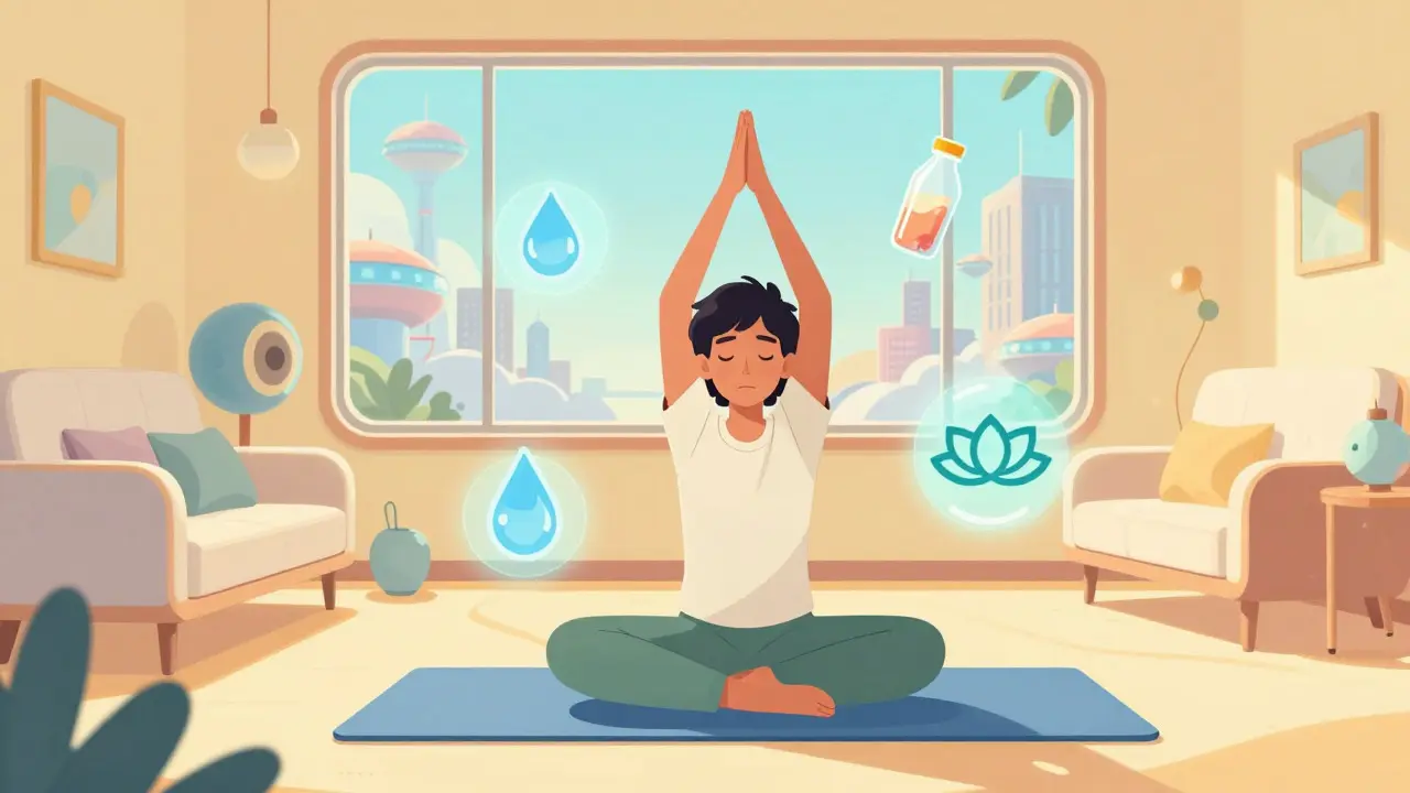 Person doing gentle yoga with health support icons