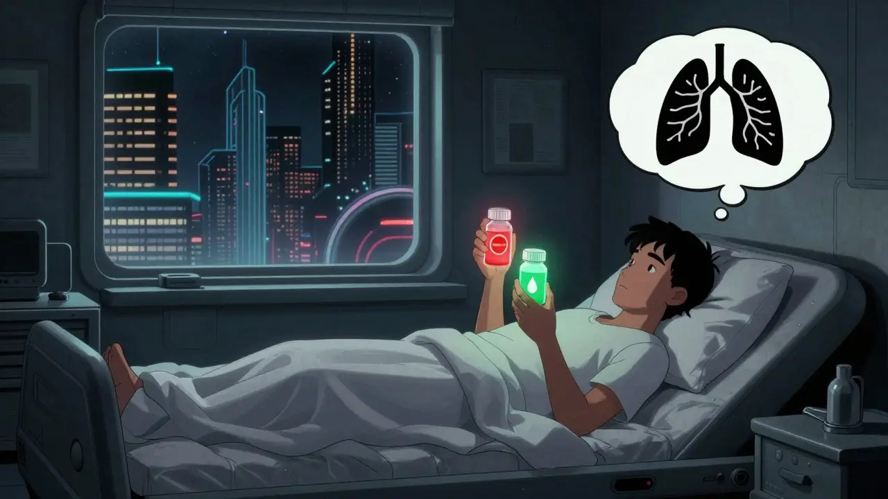 Person in retro bed choosing between red and green cough medicine bottles