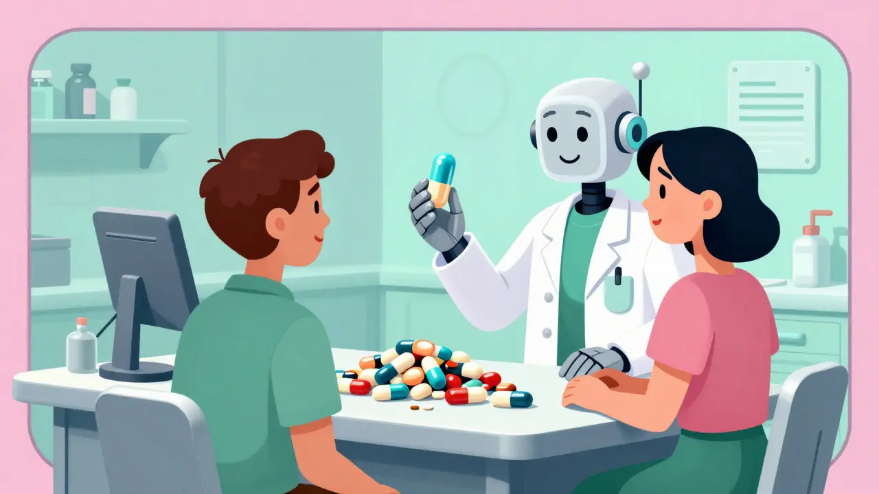 Robot pharmacist offering one pill instead of many, retro-futuristic cartoon
