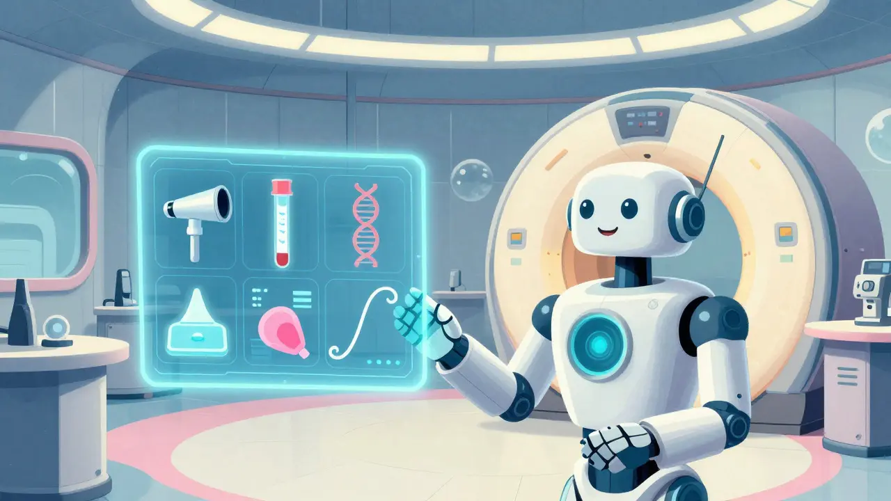 Robot presenting holographic options for colorectal cancer screening tests in a retro lab.