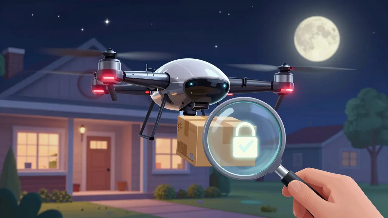 Secure drone delivering medication with safety icons