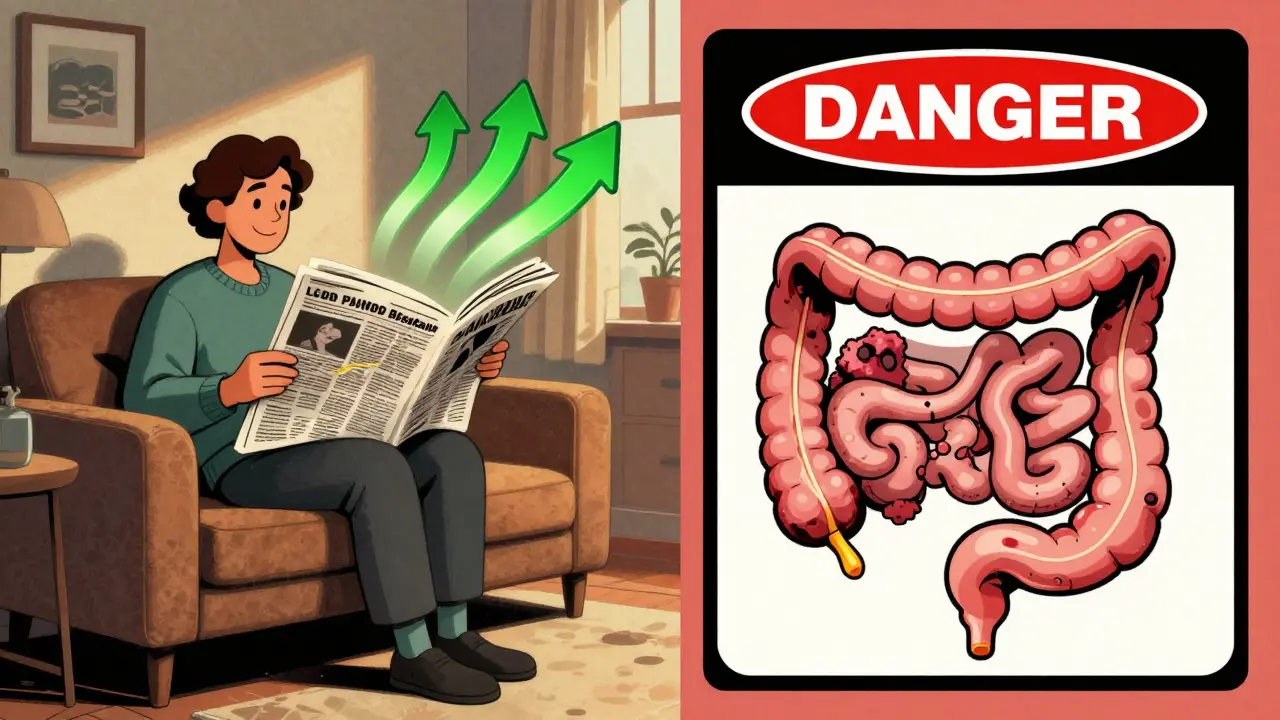 Split scene showing patient relief versus danger of bowel obstruction with PAMORAs.