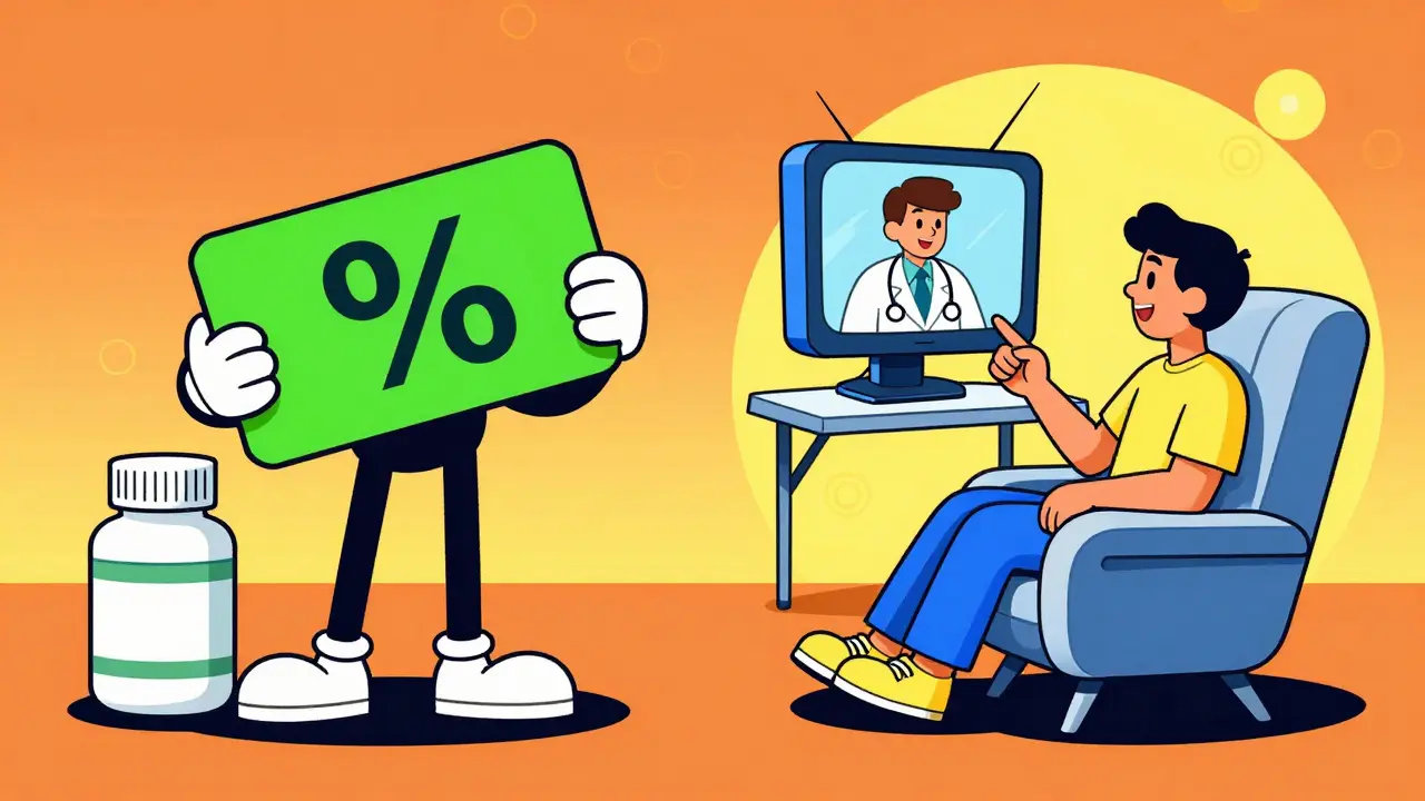 Split view of coupon savings and telehealth consultation