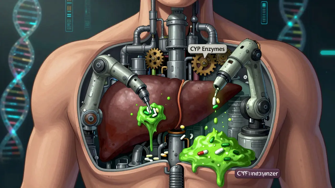 Steampunk-style illustration of a liver factory processing drugs at different speeds due to genetic variations.