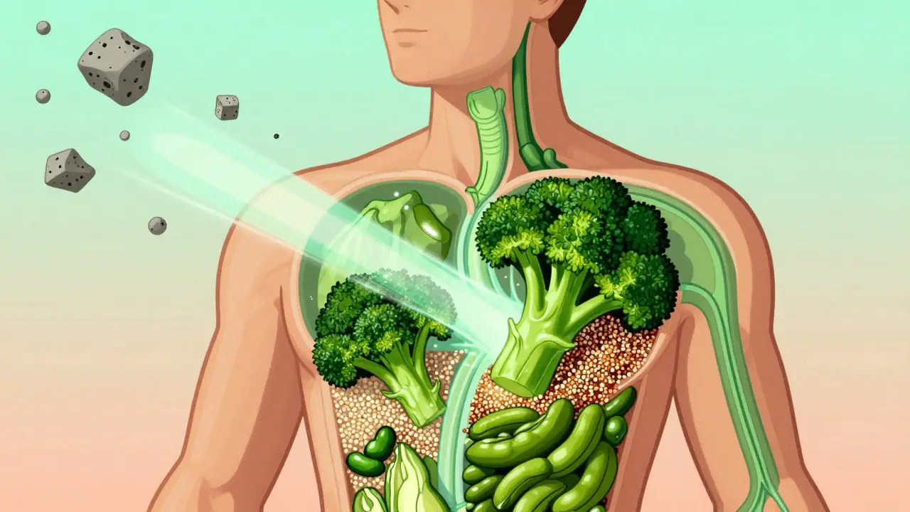 Stylized body absorbing nutrients from whole foods in cartoon style