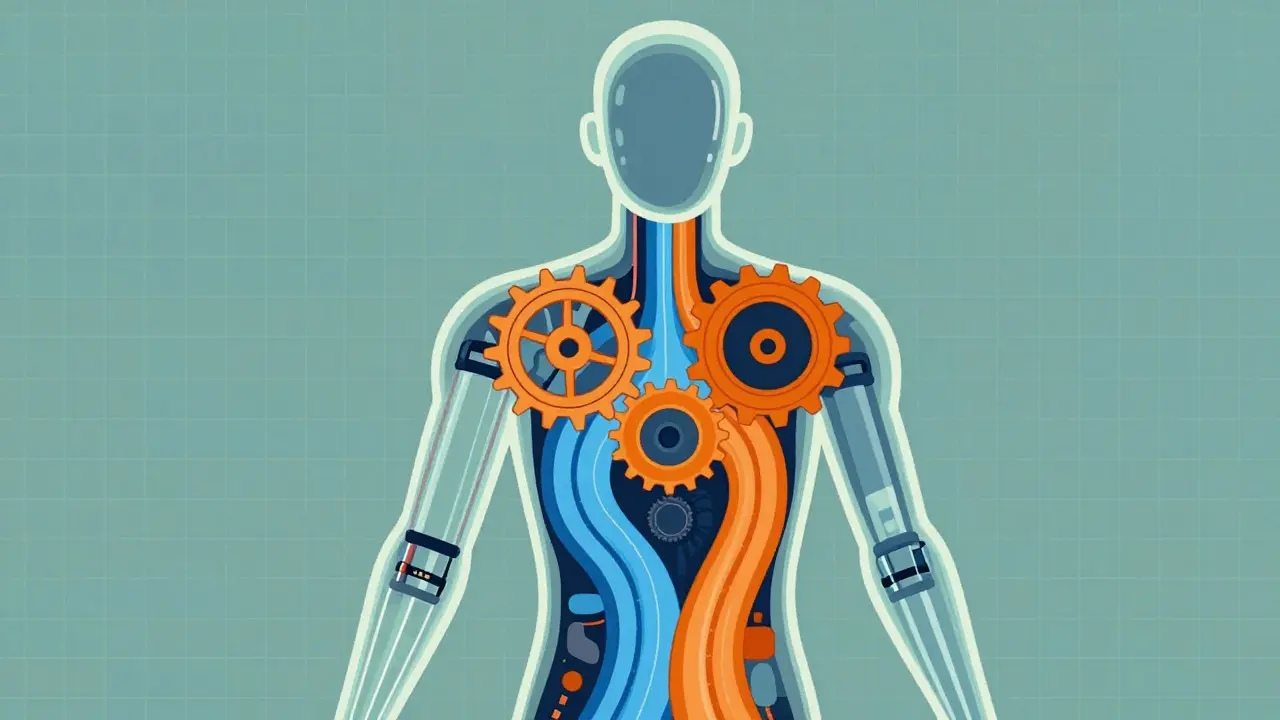 Stylized body showing two drug streams combining for synergy, retro tech art