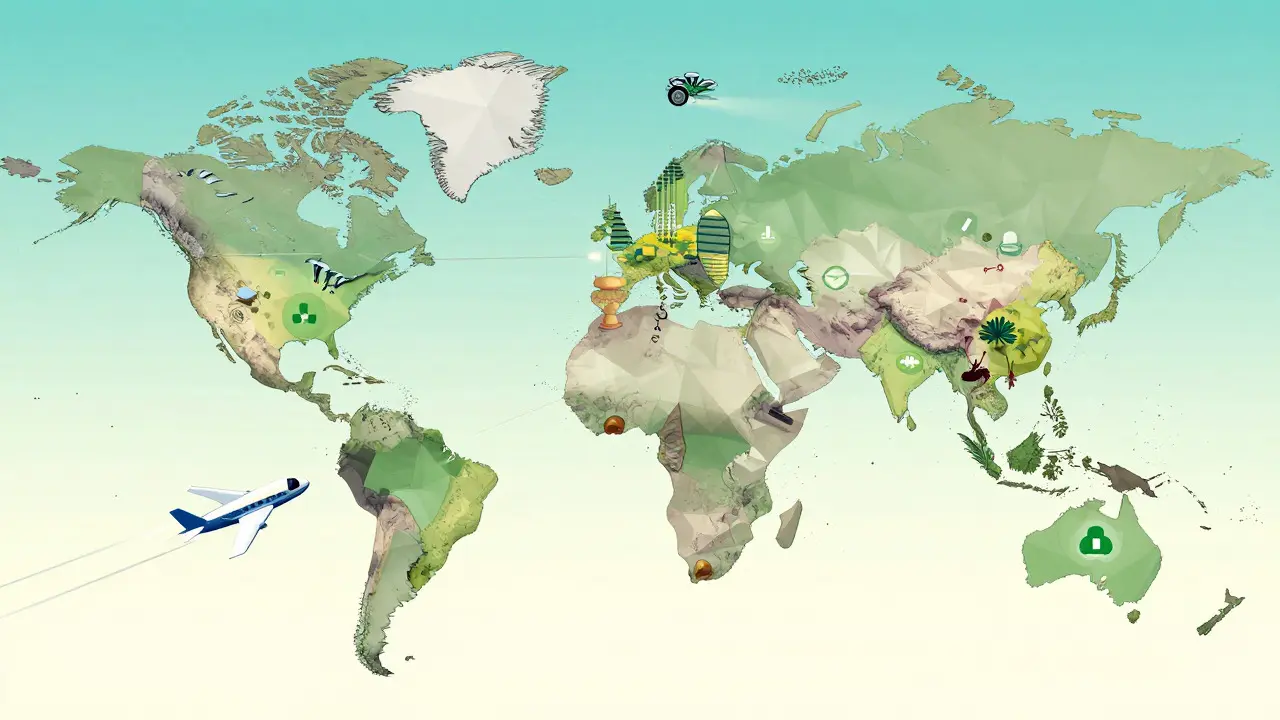 Stylized global map showing international pharmacy locations