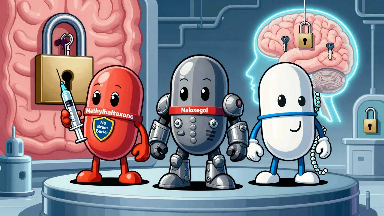 Three cartoon pill characters blocking opioid keys from gut locks in retro-futuristic style.